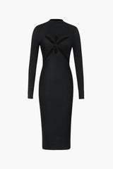 Long Sleeve Cut Out Front Twist Rib Knit Midi Dress