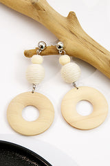 Woven Ball & Cutout Wood Circle Earrings