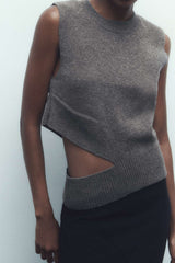 Round Neck Cut Out Sleeveless Knit Top