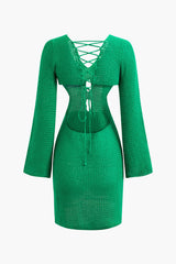 Braided Tie Cut Out V-neck Knit Mini Dress