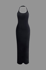 Contrast Halter Backless Slit Knit Dress