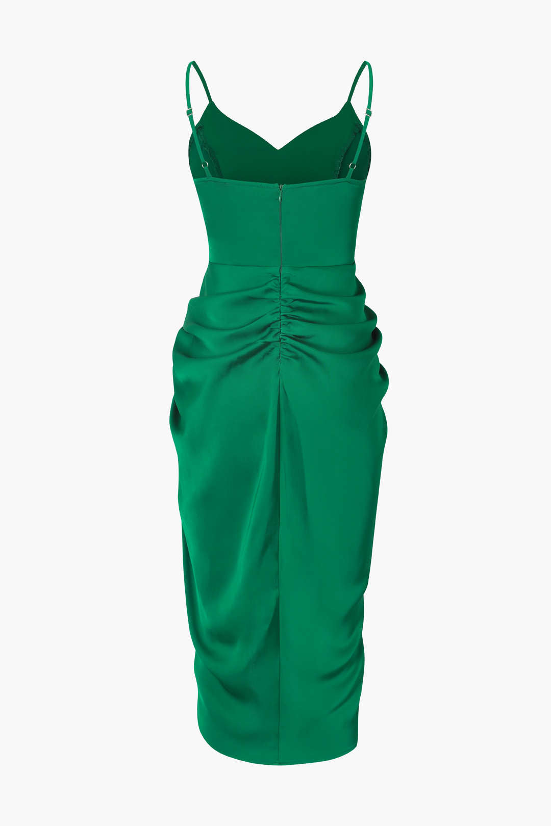 Gathered V-Neck Satin Midi Dress