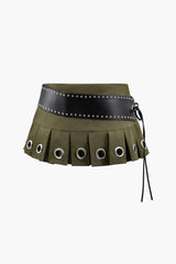 Belted Eyelet Detail Pleated Mini Skirt