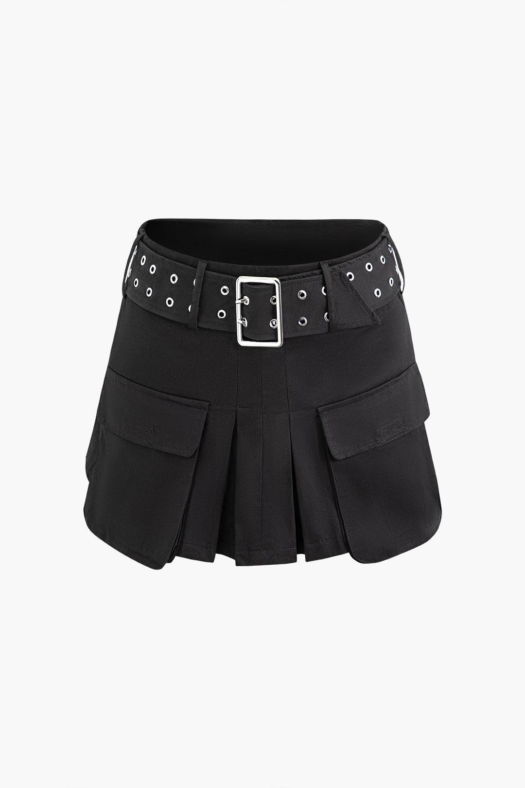 Pleated Flap Pocket Mini Skirt With Buckle Belt