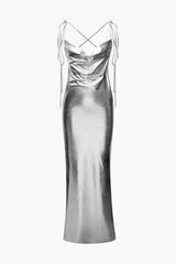 Metallic Tie Strap Ruched Maxi Dress