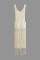 Distressed Ladder Fringe Hem V-neck Sleeveless Knit Maxi Dress
