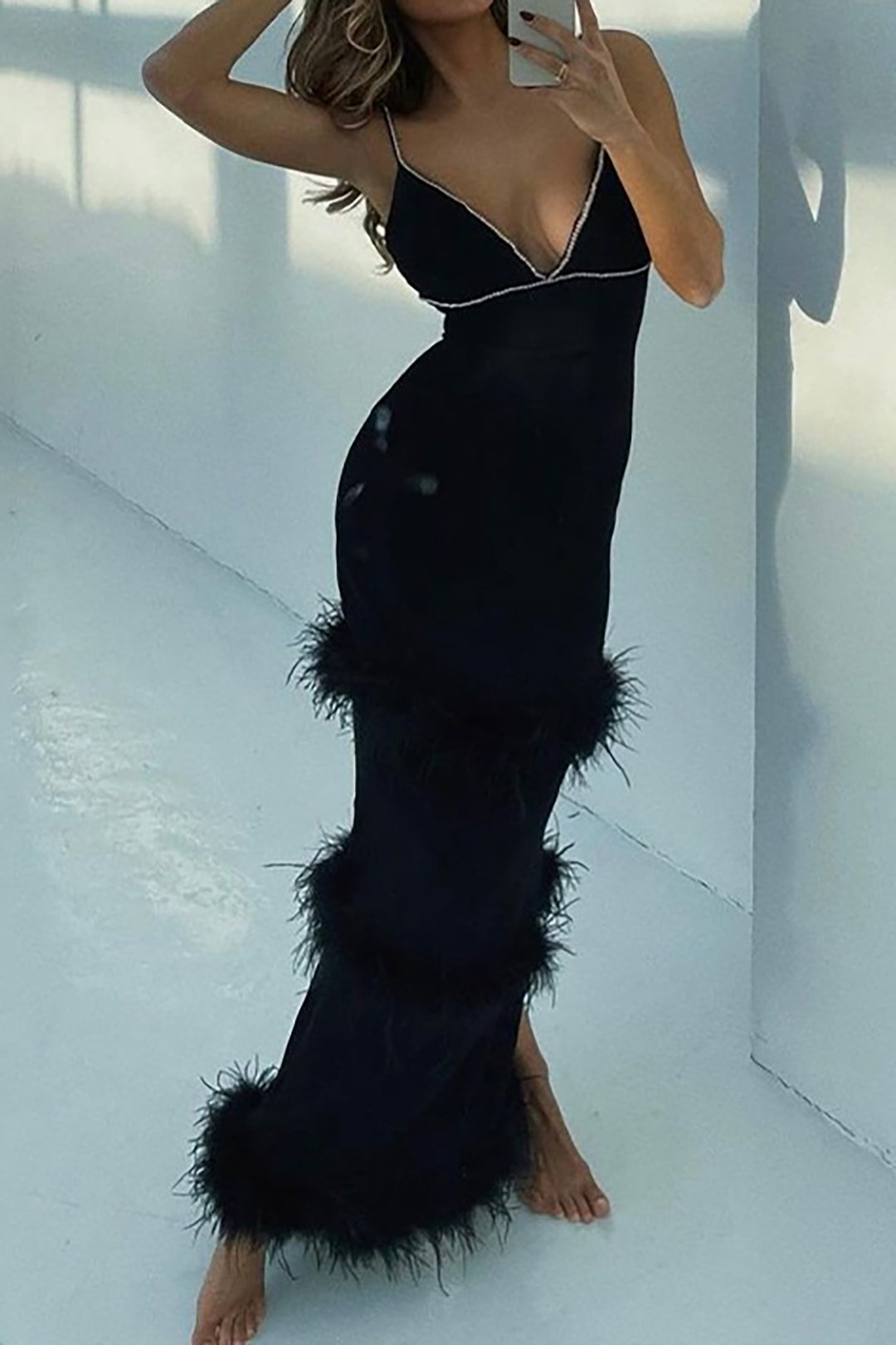 Rhinestone Embellished Feather Detail Slit Backless V-neck Maxi Dress