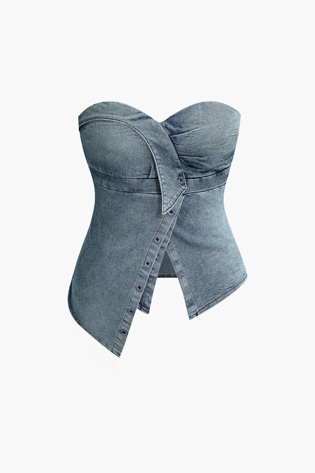 Asymmetrical Button Zipper Strapless Bustier Denim Top