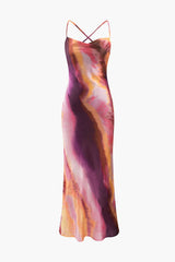 Abstract Print Cross Back Satin Midi Dress