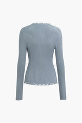 V-neck Bell Sleeve Frayed Trim Rib Knit Top