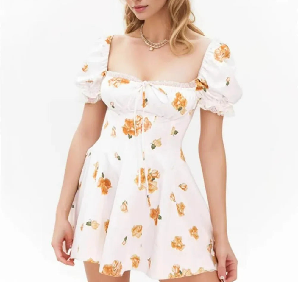 White Floral Puff Sleeve Mini Dress – Aesvs