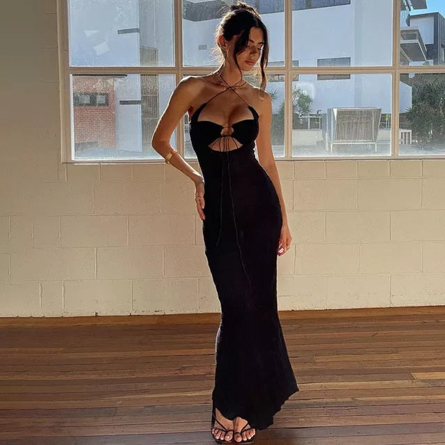 Black Cross-Strap Ankle Length Dress