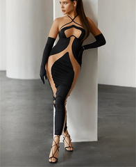 Black Mesh Patchwork Halter Bodycon Midi Dress