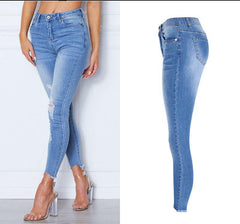 Elastic Ripped Cutout Cuff Washed Jeans