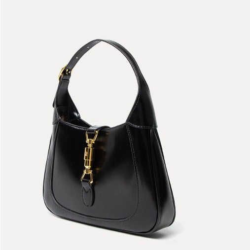 Black Classic Curved Leather Handbag with Signature Buckle Closure