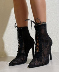 Mesh Pointy Toe Lace-Up Boots