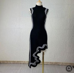 Asymmetrical Wavy Hem Round Collar Knit Midi Dress
