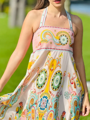 Fashionable Ethnic Holiday Print Midi Dress