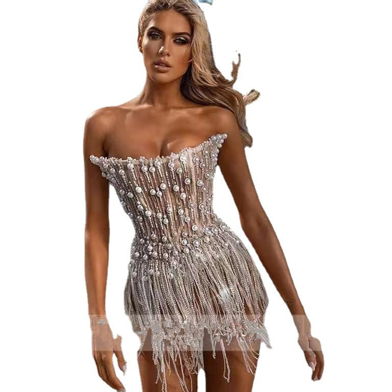 Silver Pearl Sequin Tassel Mini Dress