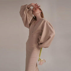 Long sexy deep V-neck lantern sleeve hip dress