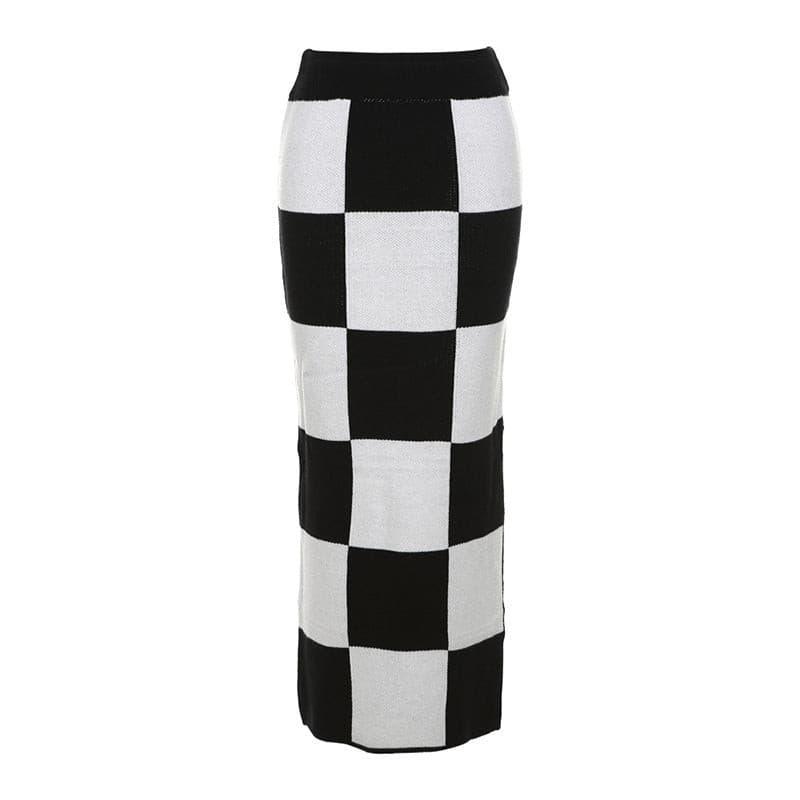 High waist slim slit bag hip checkerboard skirt