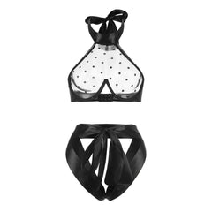 Mesh buckle neck wrap chest + hollow panties set