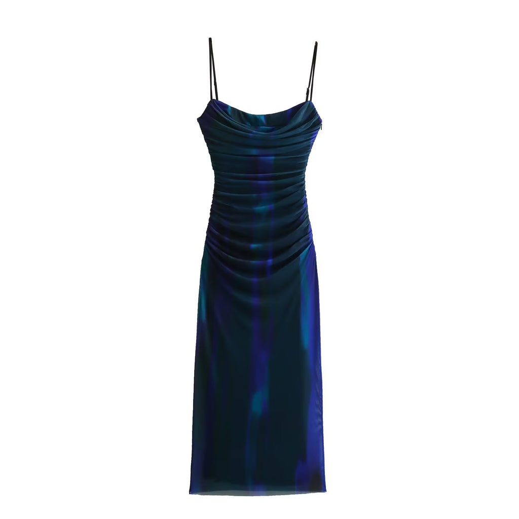 Abstract Print Mesh Ruched Cami Midi Dress – Aesvs