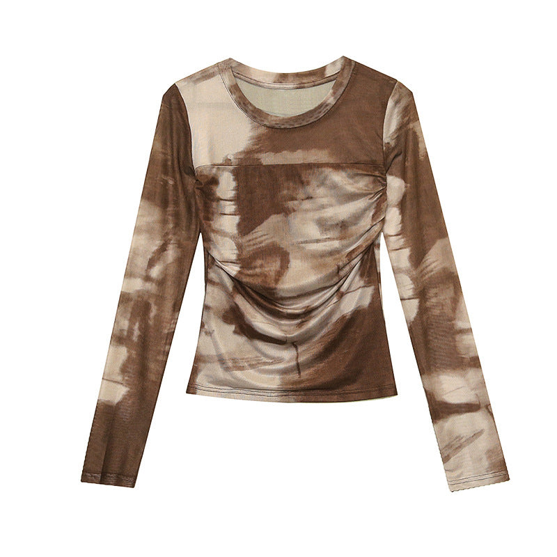 Abstract Print Round Neck Mesh Long Sleeve Top