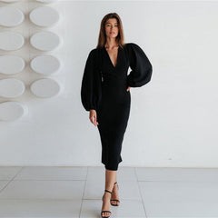 Long sexy deep V-neck lantern sleeve hip dress