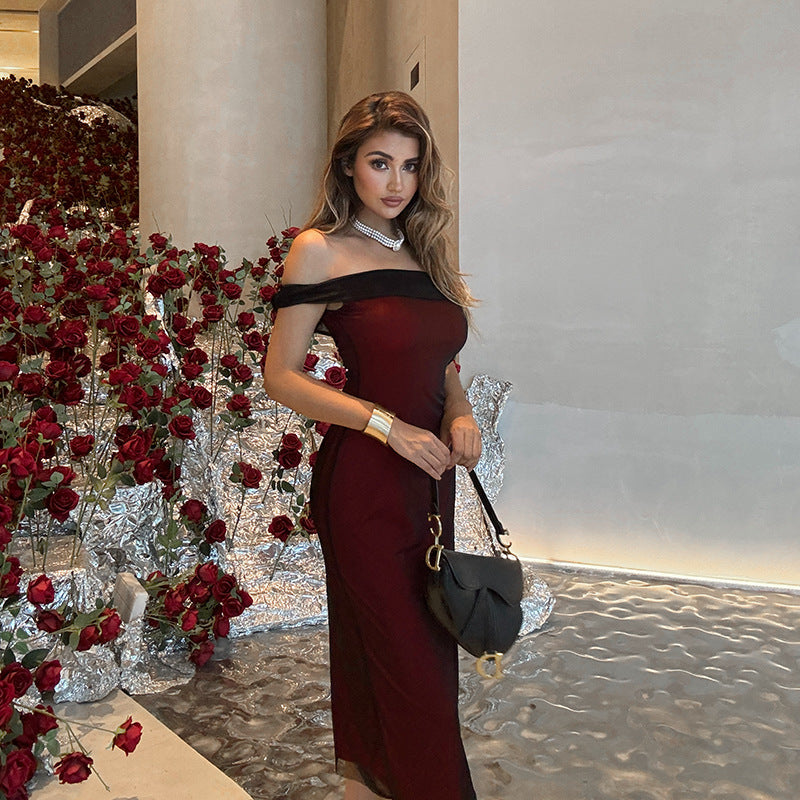One-Shoulder Mesh Contrast Color Dress