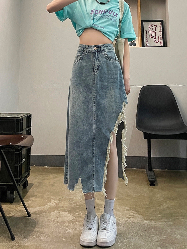 Asymmetric Frayed Trim Denim Skirt