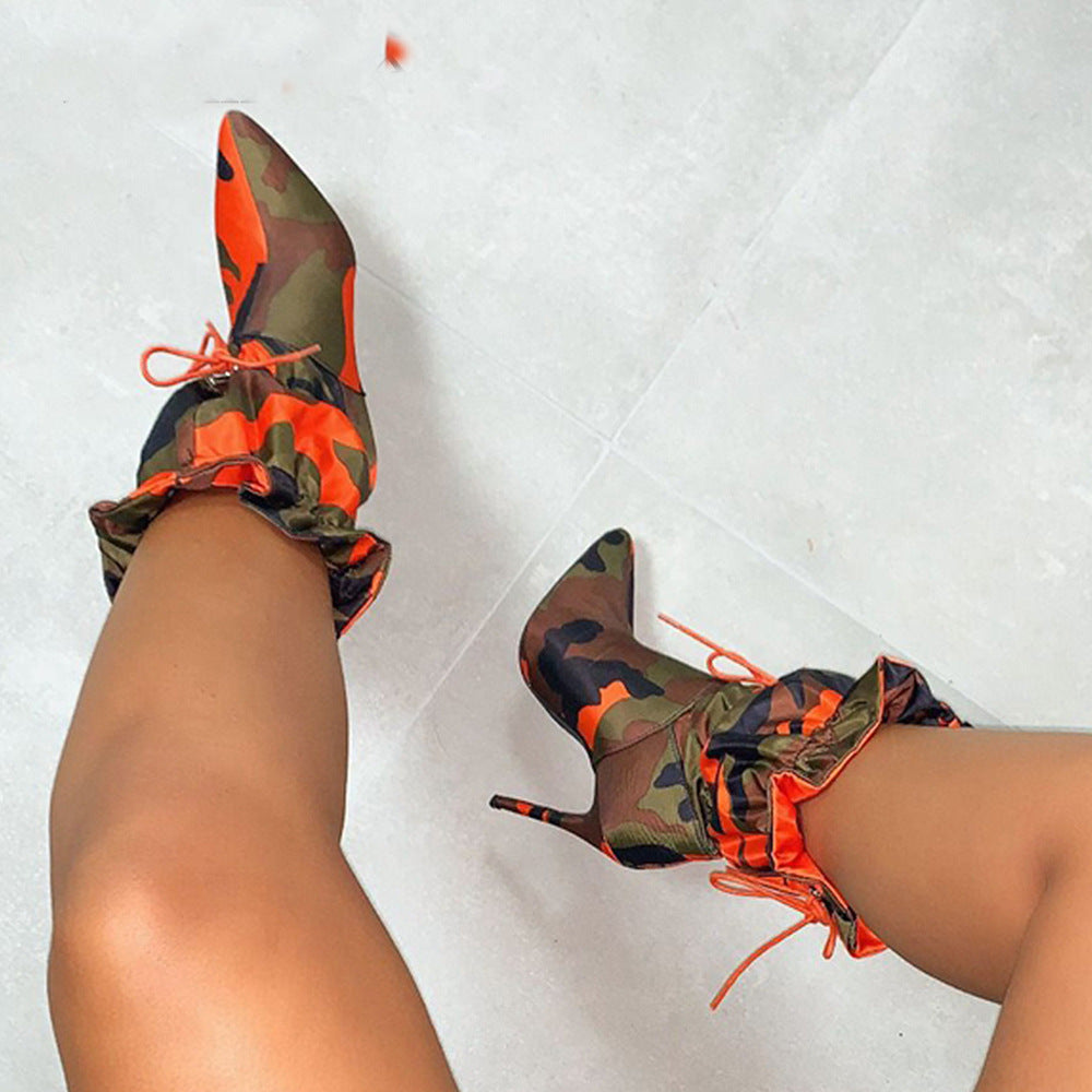 Chic Camo Print Drawstring Heels