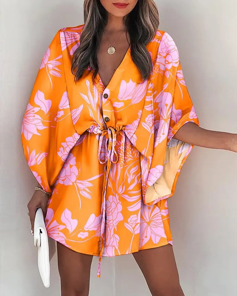 Flying sleeves printed beach dress