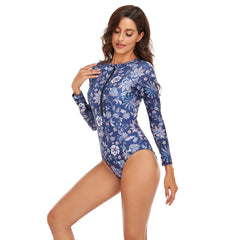 Floral Marble Print Contrasted Long Sleeve One Piece Swimsuit