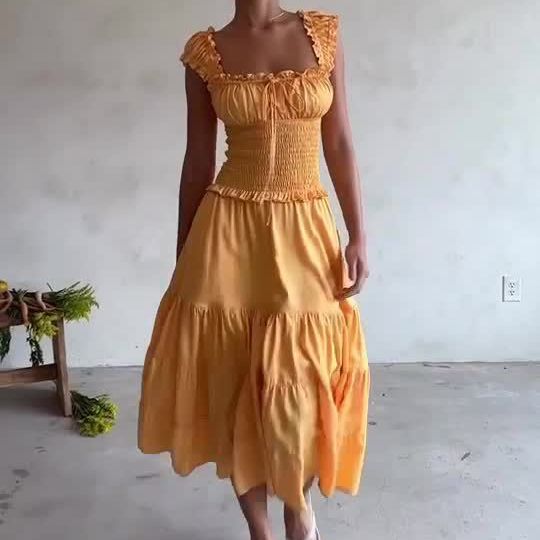 French yellow pleated U-neck dress