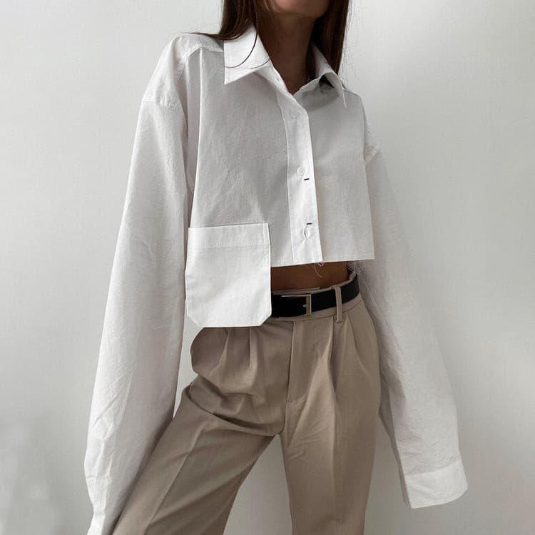 Cropped navel short white shirt