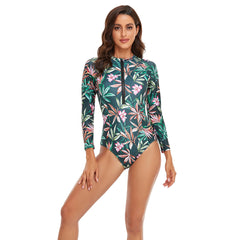 Floral Marble Print Contrasted Long Sleeve One Piece Swimsuit