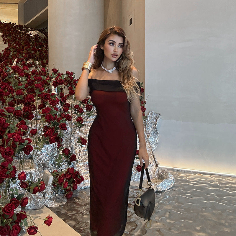 One-Shoulder Mesh Contrast Color Dress