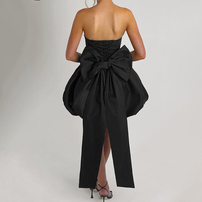 Bowknot Bandeau Tie Slit Lantern Dress
