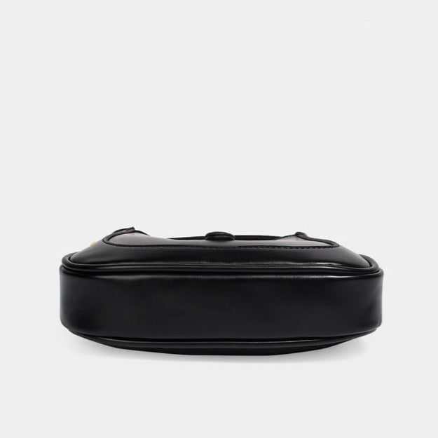 Black Classic Curved Leather Handbag with Signature Buckle Closure
