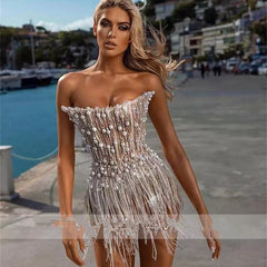 Silver Pearl Sequin Tassel Mini Dress