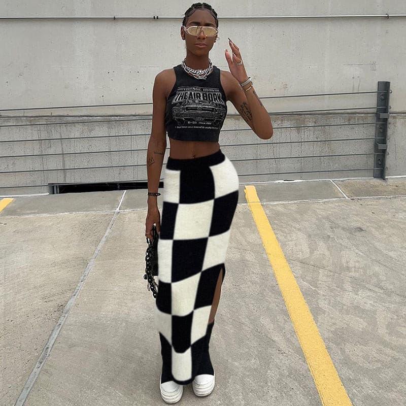 High waist slim slit bag hip checkerboard skirt