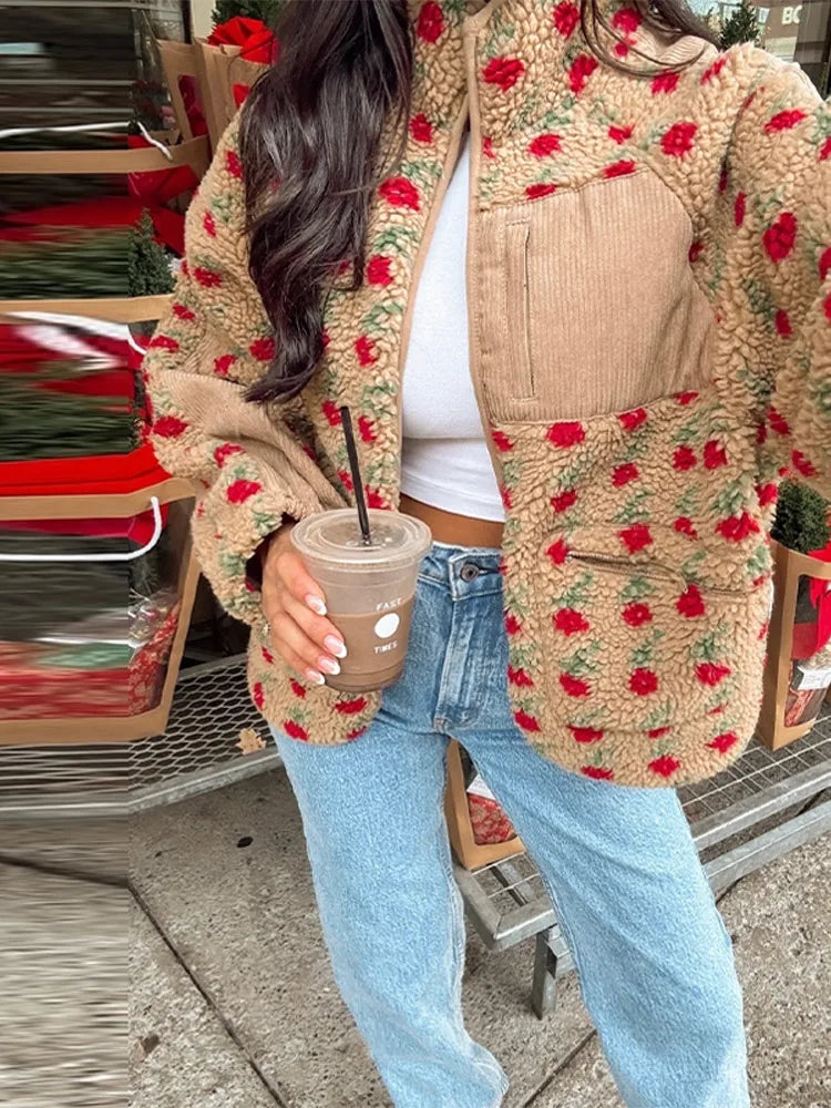 Printed Plush Zipper Short Jacket