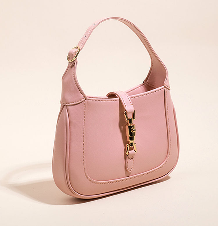 Pink Classic Curved Leather Handbag with Signature Buckle Closure