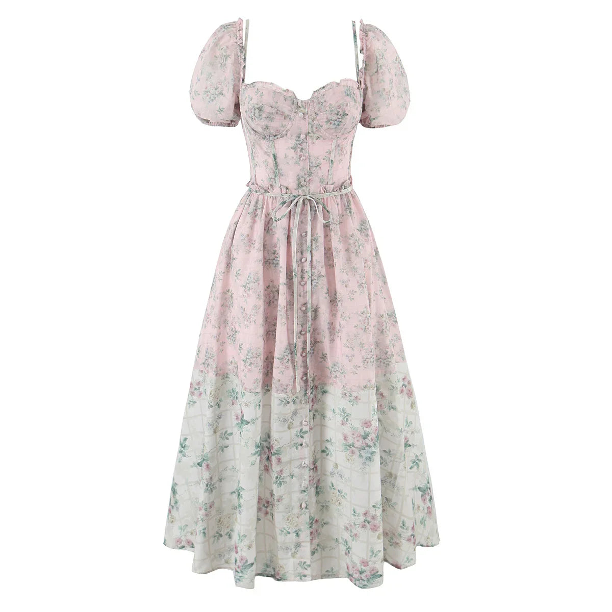 Two Tone Floral Print Puff Sleeve Midi Dress