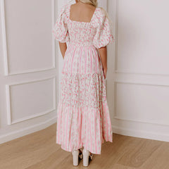 Pink Floral Patchwork Smocked Square Neck Short Puff Sleeve Maxi Dress