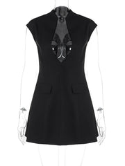 Black Deep Neck Short Sleeve Mini Dress