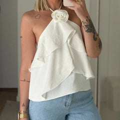 Halter 3D Flower Layered Ruffles Top