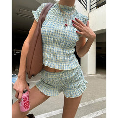 Plaid Print Smocked Crew Neck Top And High Waist Shorts Set
