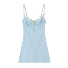 Blue Plaid Wire Bra Embroidery Mini Dress
